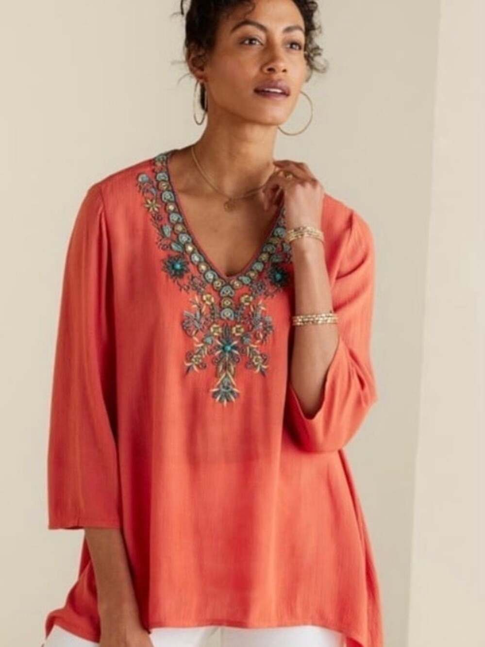 Soft Surroundings Orange Embellished Paulina Gauze Tunic Blouse Sz.XL